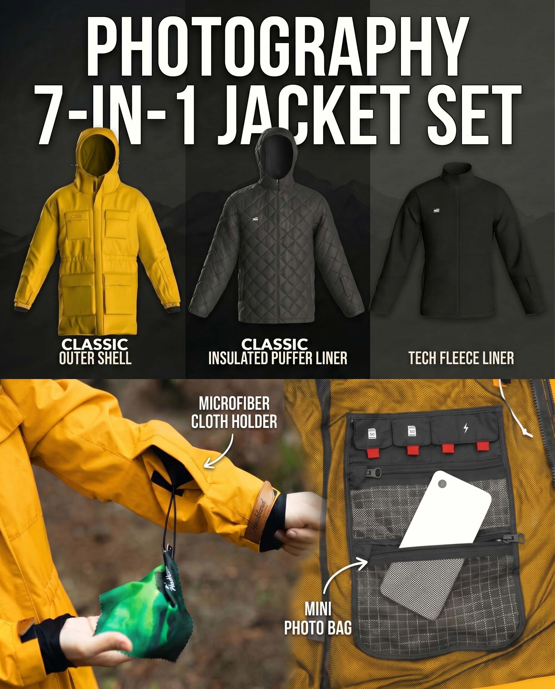 Haukland Classic - 7in1 Set - Outdoor Jacke für Fotografen – Gelb (Auslaufmodell)